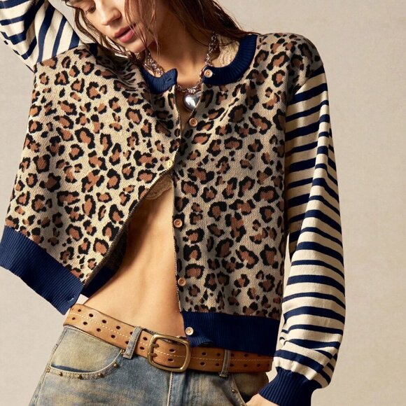 Casual Women's Leopard & Striped Pattern Front Button Long Sleeve cardigan - Picture 4 of 7